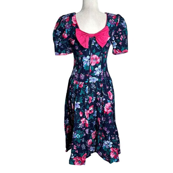 Vintage Jodi Michaels Floral Fit Flare Dress Small Navy Pockets Bow Zipper - Picture 5 of 8